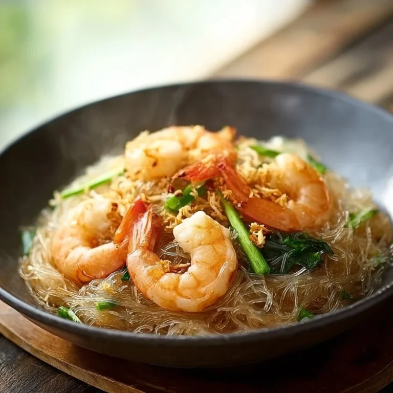 Stir Fried Glass Noodles with Shrimp served in a bowl