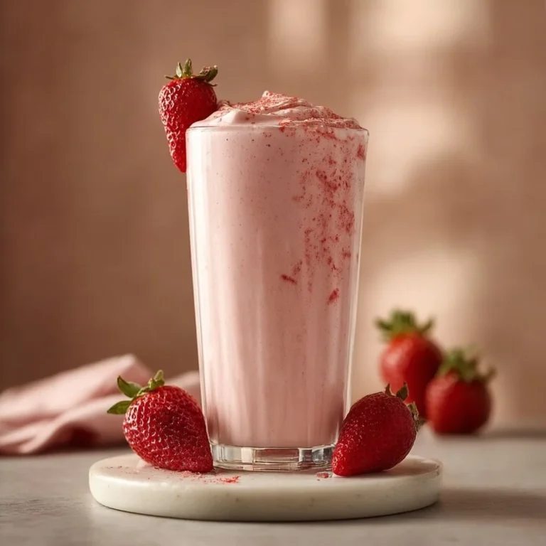Refreshing Strawberry Cheesecake Protein Shake in a glass with fresh strawberries