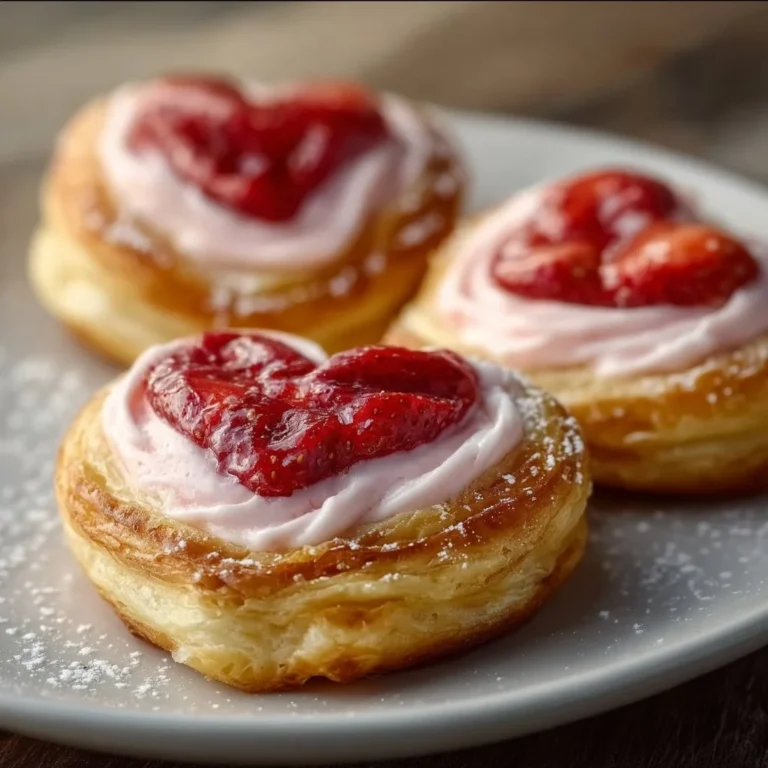 A delicious Strawberry Cream Cheese Danish shaped like a heart.