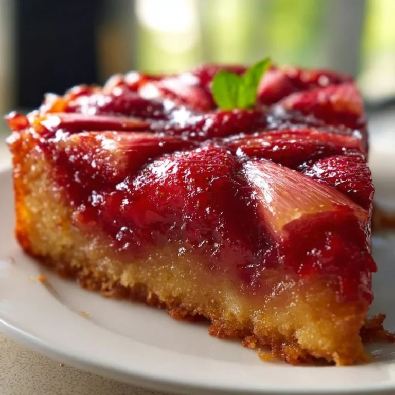 Delicious Strawberry Rhubarb Upside Down Cake with fresh strawberries and rhubarb
