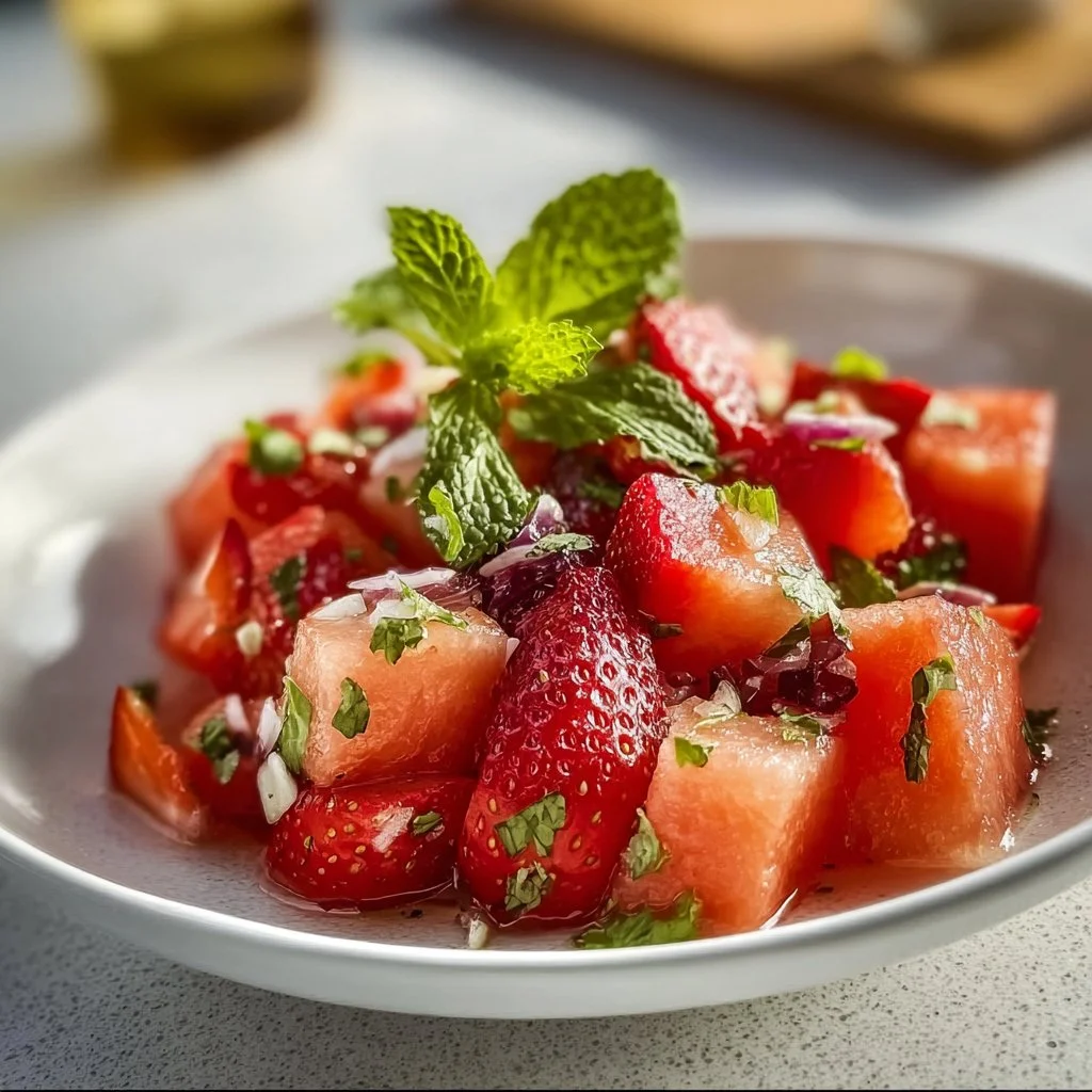 Colorful Strawberry Watermelon Salad with fresh ingredients and vibrant colors.