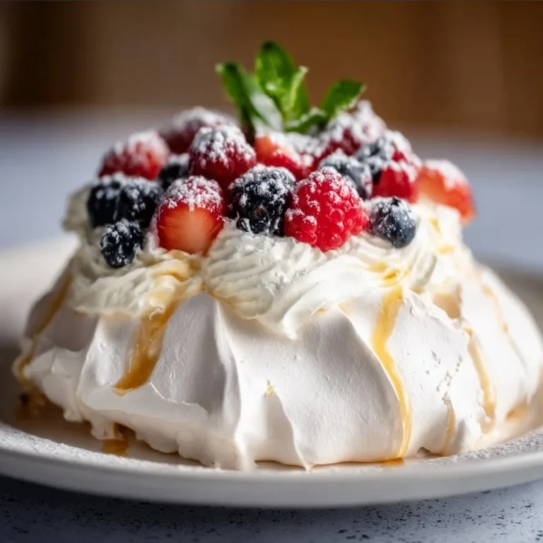 Delicious Sugar Free Keto Pavlova topped with fresh berries and whipped cream