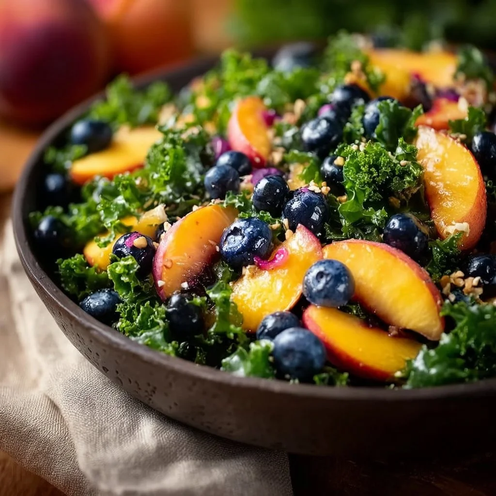 Summer peach blueberry kale salad with fresh fruits and greens
