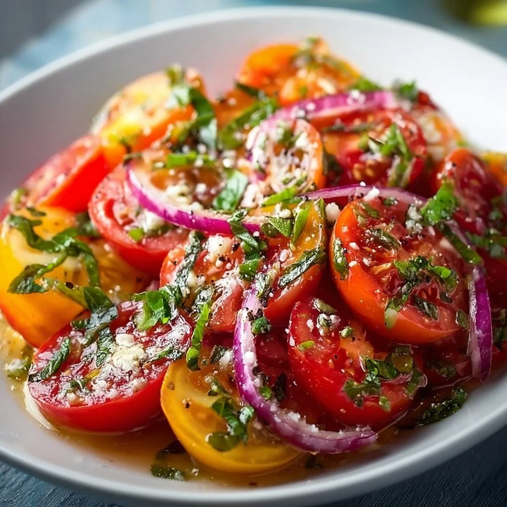 Fresh summer tomato salad with vibrant vegetables and herbs