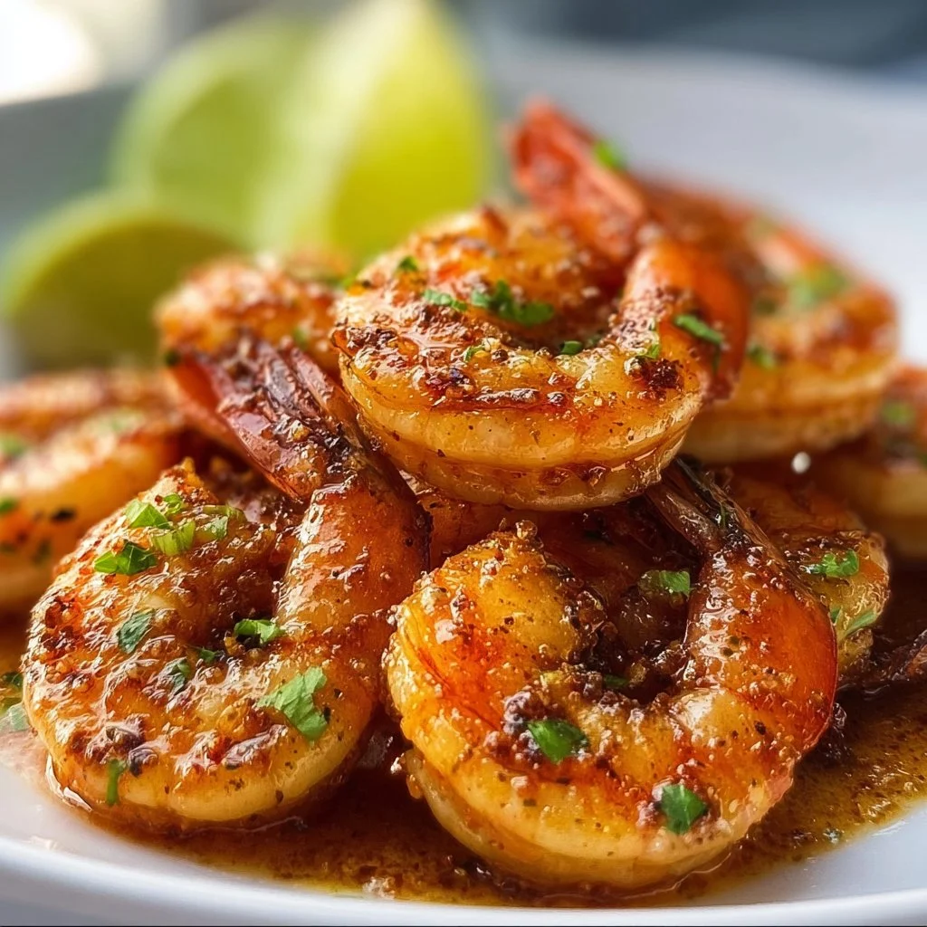 Baked brown sugar lime shrimp garnished with lime wedges and herbs.