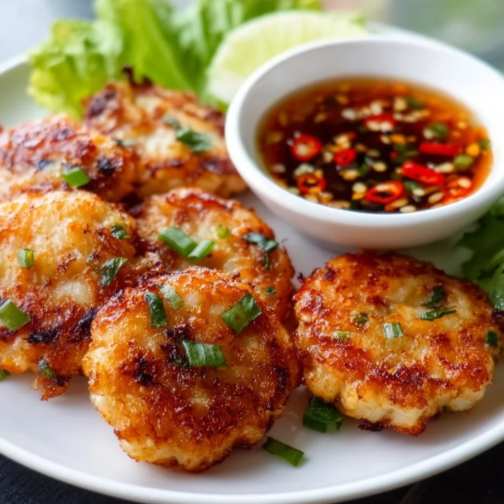 Crispy Thai shrimp cakes served with dipping sauce.