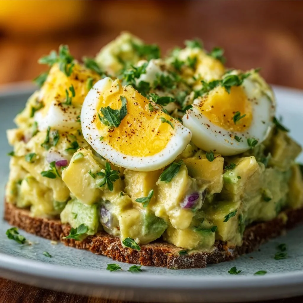 Bowl of the best avocado egg salad with fresh ingredients.