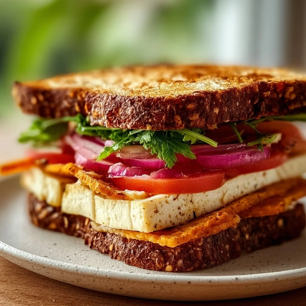 Delicious tofu sandwich with fresh vegetables and sauce, packed with flavor