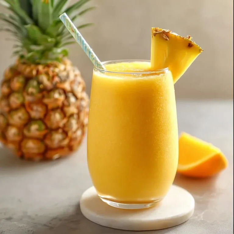 Tropical Pineapple Orange Smoothie in a glass with fruit garnishes