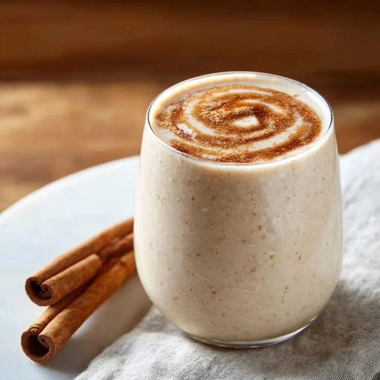Vanilla cinnamon roll protein smoothie in a glass with a cinnamon stick