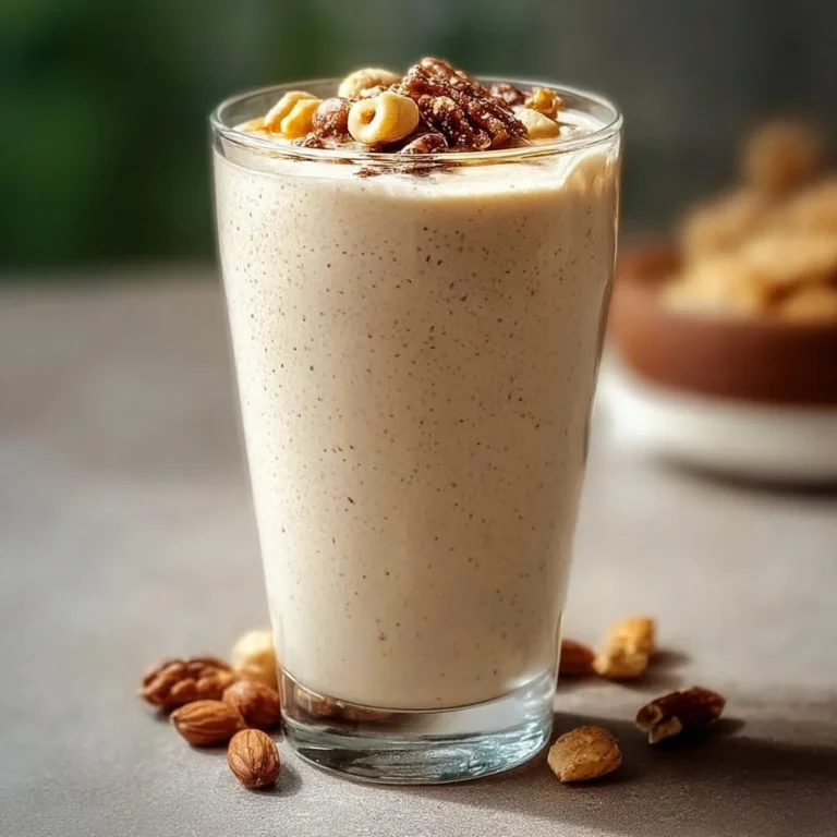 Vanilla protein shake with nuts in a glass
