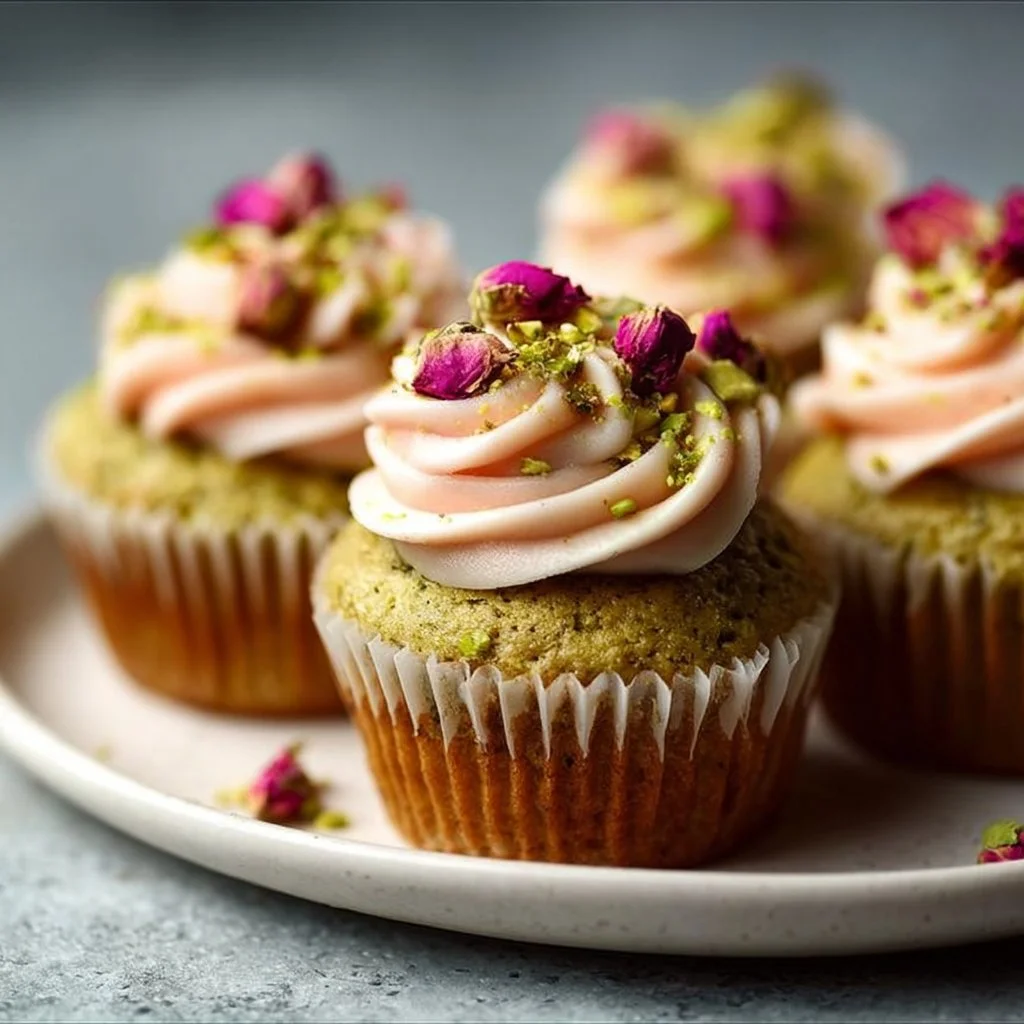 Vegan Mini Rose Pistachio Cupcakes