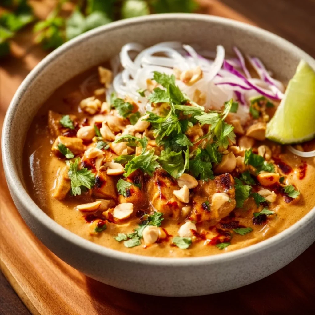 Delicious vegan Thai peanut sauce in a bowl with fresh ingredients