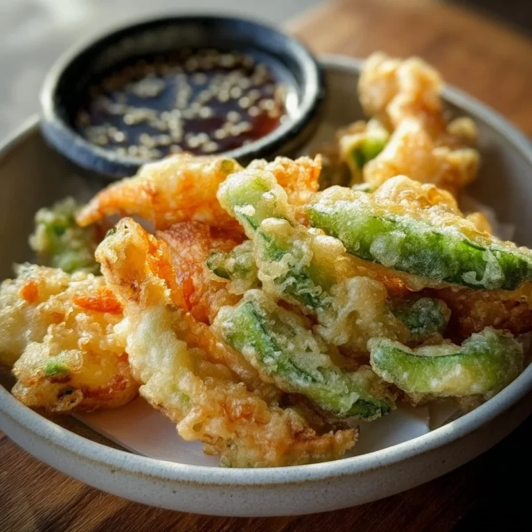 Crispy Vegetable Tempura with Ginger Ponzu Sauce on a plate