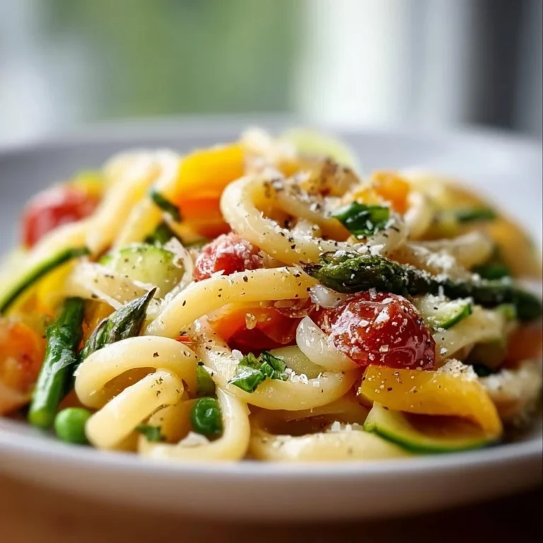 Colorful Vegetarian Pasta Spring dish with fresh vegetables and herbs