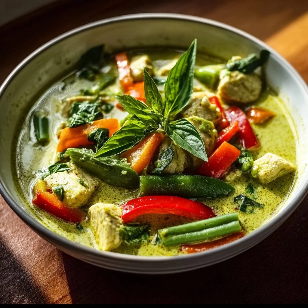 Bowl of Vegetarian Thai Green Curry with fresh vegetables and herbs