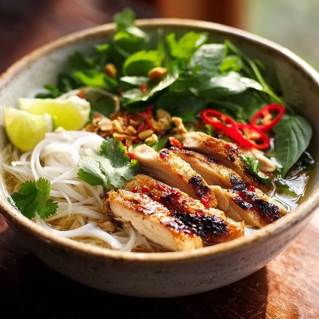Bowl of Vietnamese noodles with grilled lemongrass chicken and fresh herbs
