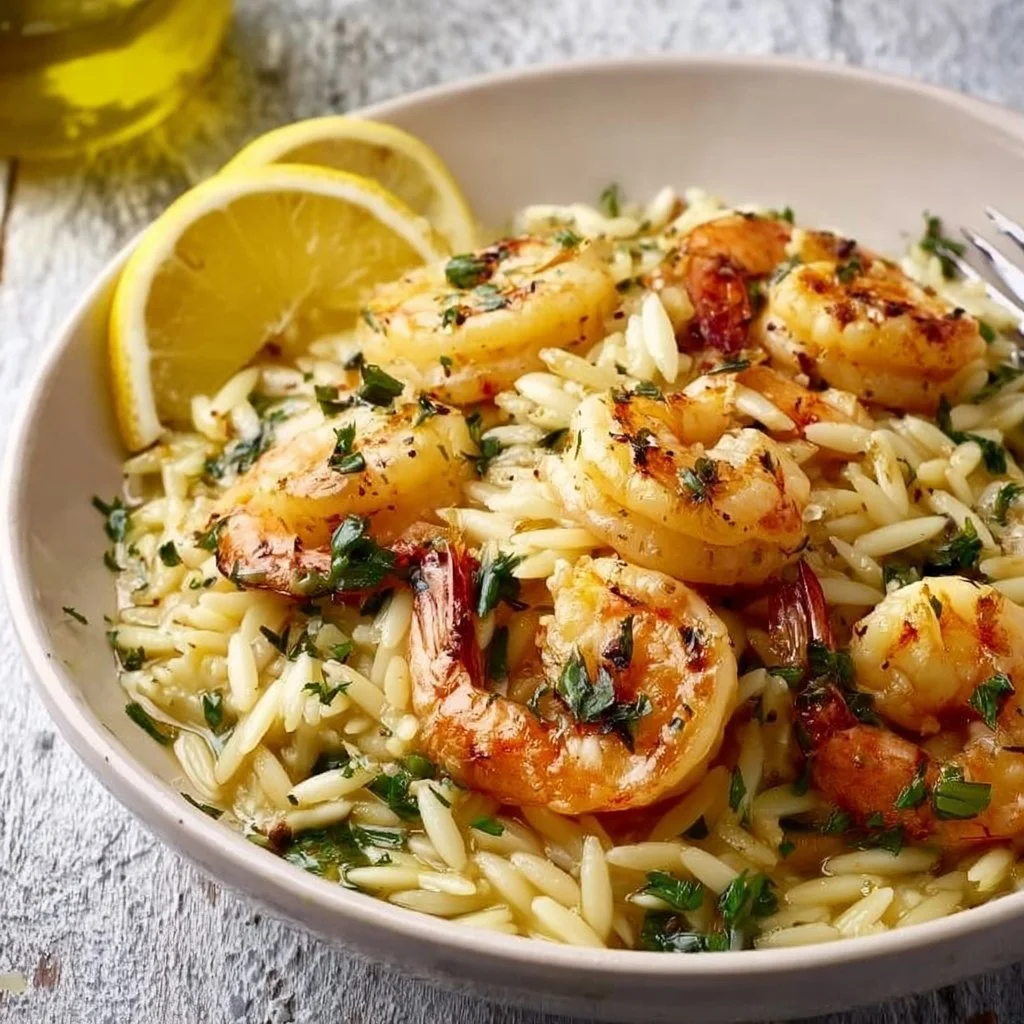 Zesty Lemon Garlic Shrimp Orzo garnished with herbs on a plate.