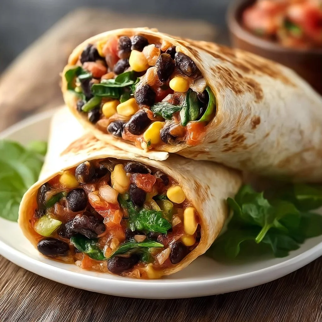 Delicious black bean burritos with spinach served on a plate
