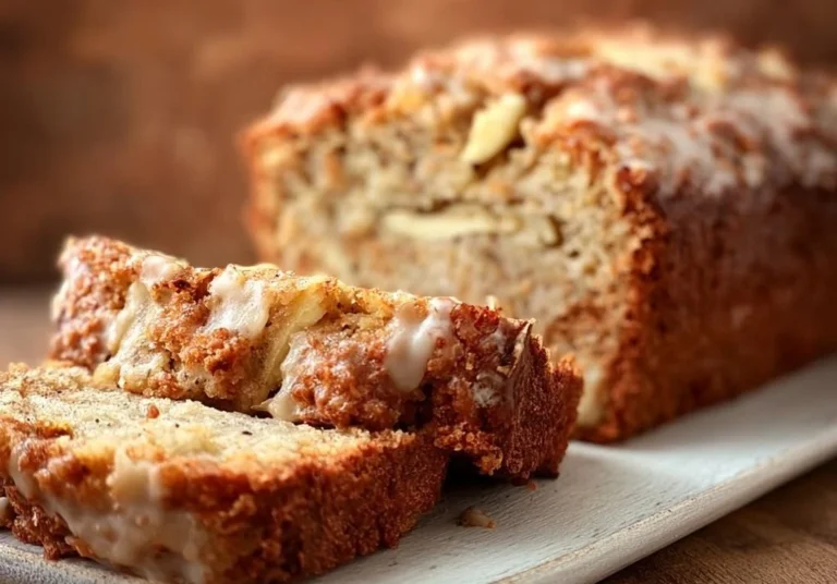 Freshly baked Apple Banana Bread with slices on a wooden board