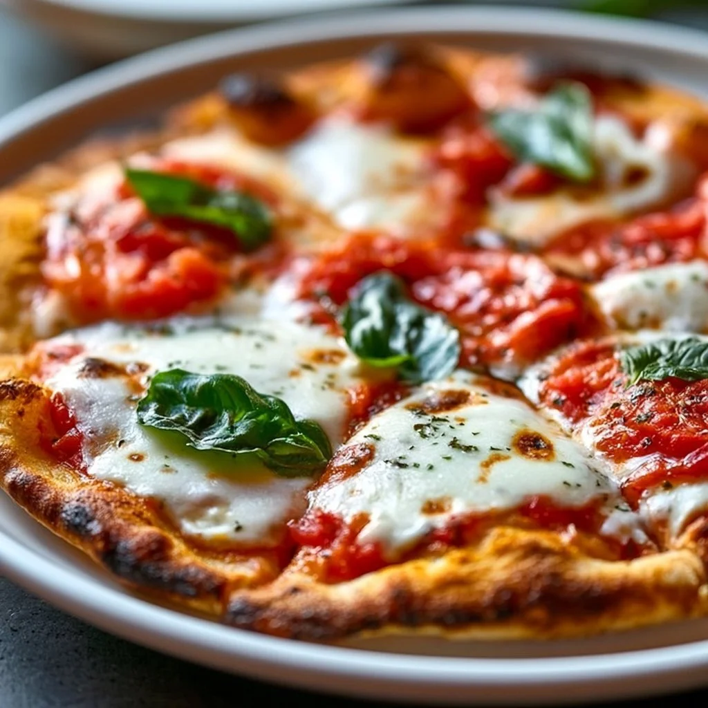 Authentic Margherita pizza topped with fresh basil and mozzarella cheese.