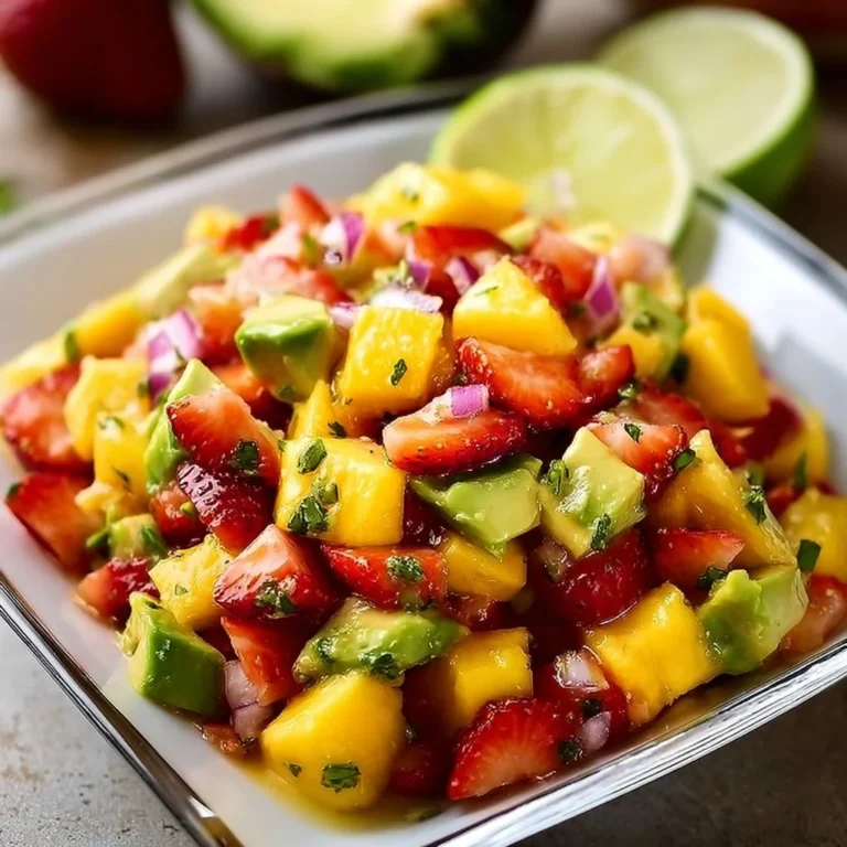 Colorful Avocado Strawberry Mango Salsa in a bowl with fresh ingredients