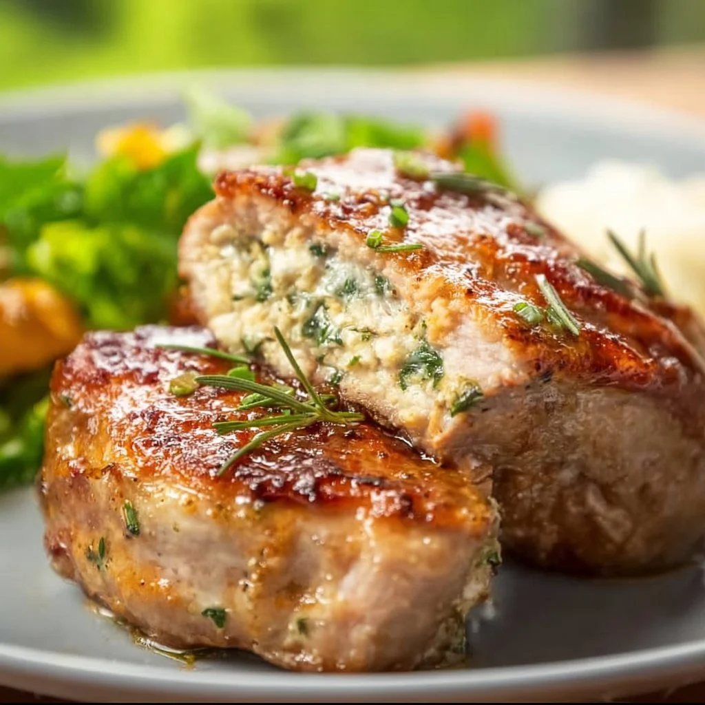 Baked stuffed pork chops with herbs and spices on a plate