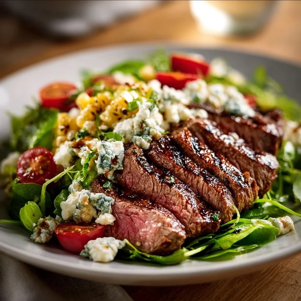 Balsamic Steak Salad with Gorgonzola and mixed greens on a wooden table
