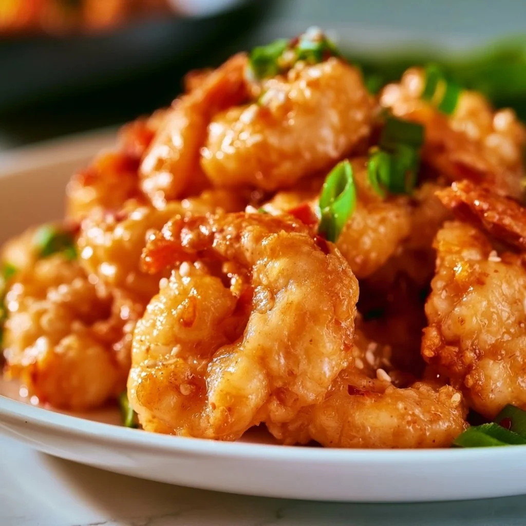 Delicious Bang Bang Shrimp served with a spicy sauce and garnish