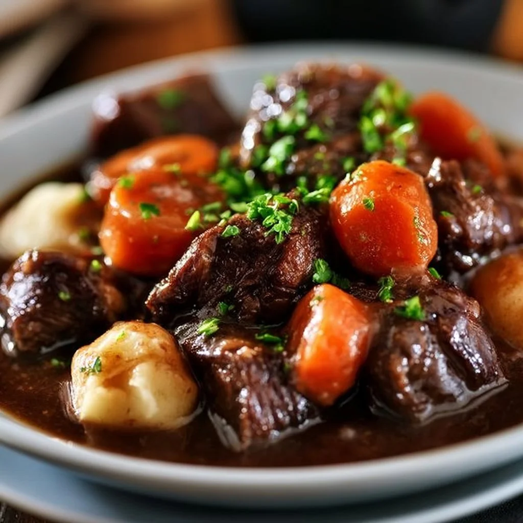 Delicious Beef Bourguignon served in a rustic bowl with herbs and vegetables.