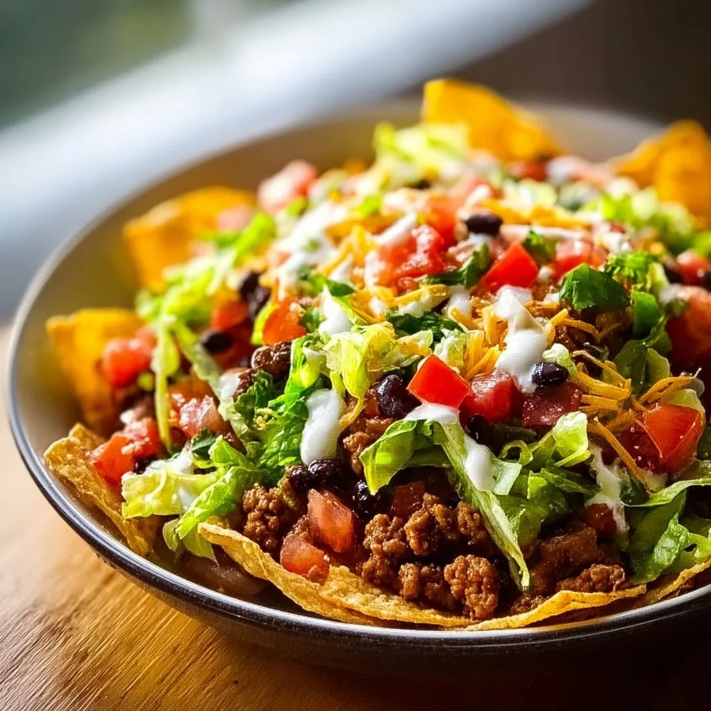 Delicious and colorful BEST Taco Salad arrangement with fresh ingredients