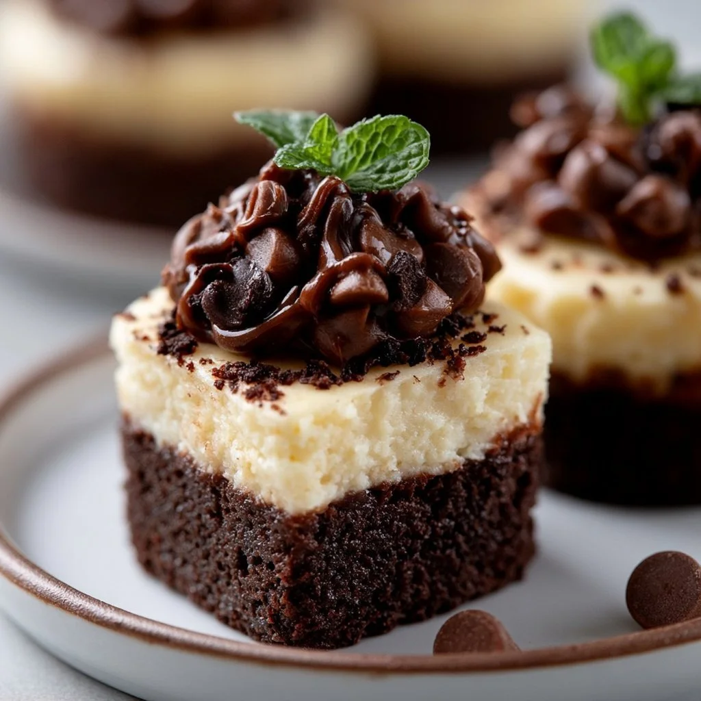 Brownie Bottom Mini Cheesecakes topped with chocolate ganache and whipped cream