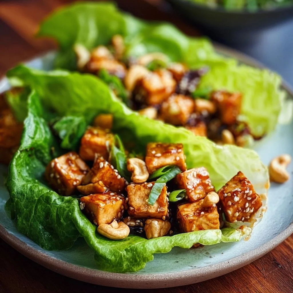 Healthy cashew tofu lettuce wraps ready to serve in a fresh green lettuce leaf.