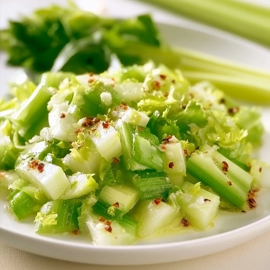 Fresh celery salad with vegetables and dressing in a bowl