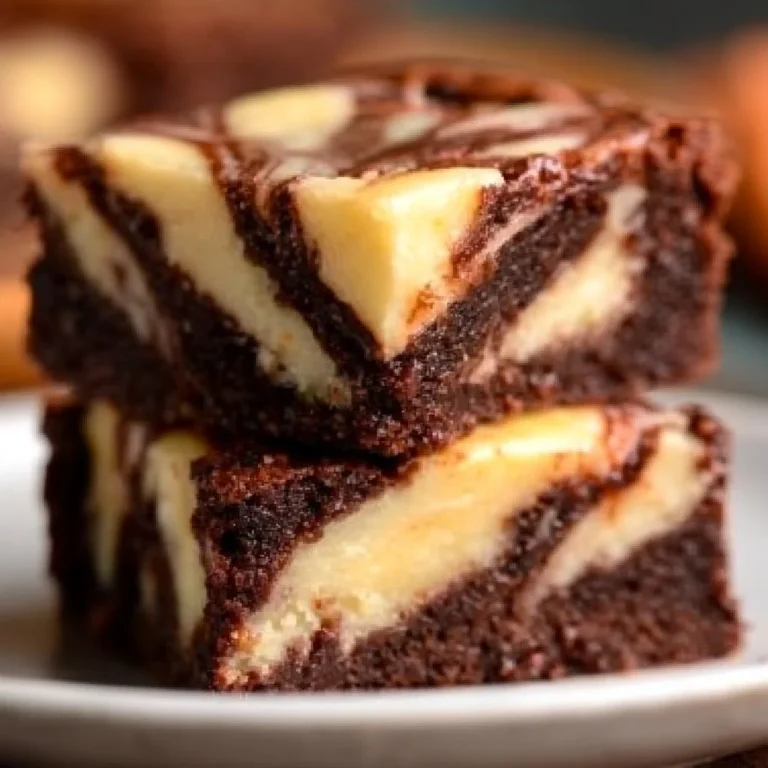 Cheesecake swirl fudge brownies served on a plate with chocolate drizzle