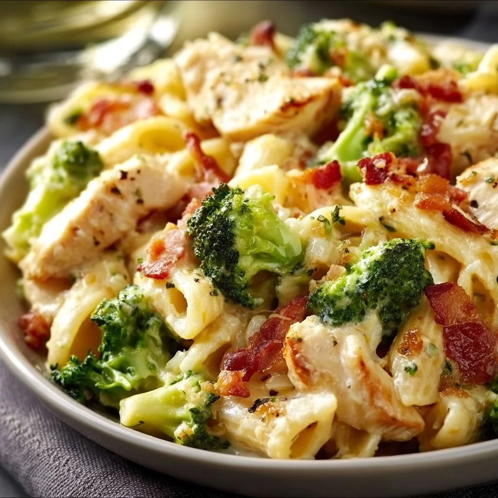 Cheesy chicken bacon broccoli pasta served in a bowl