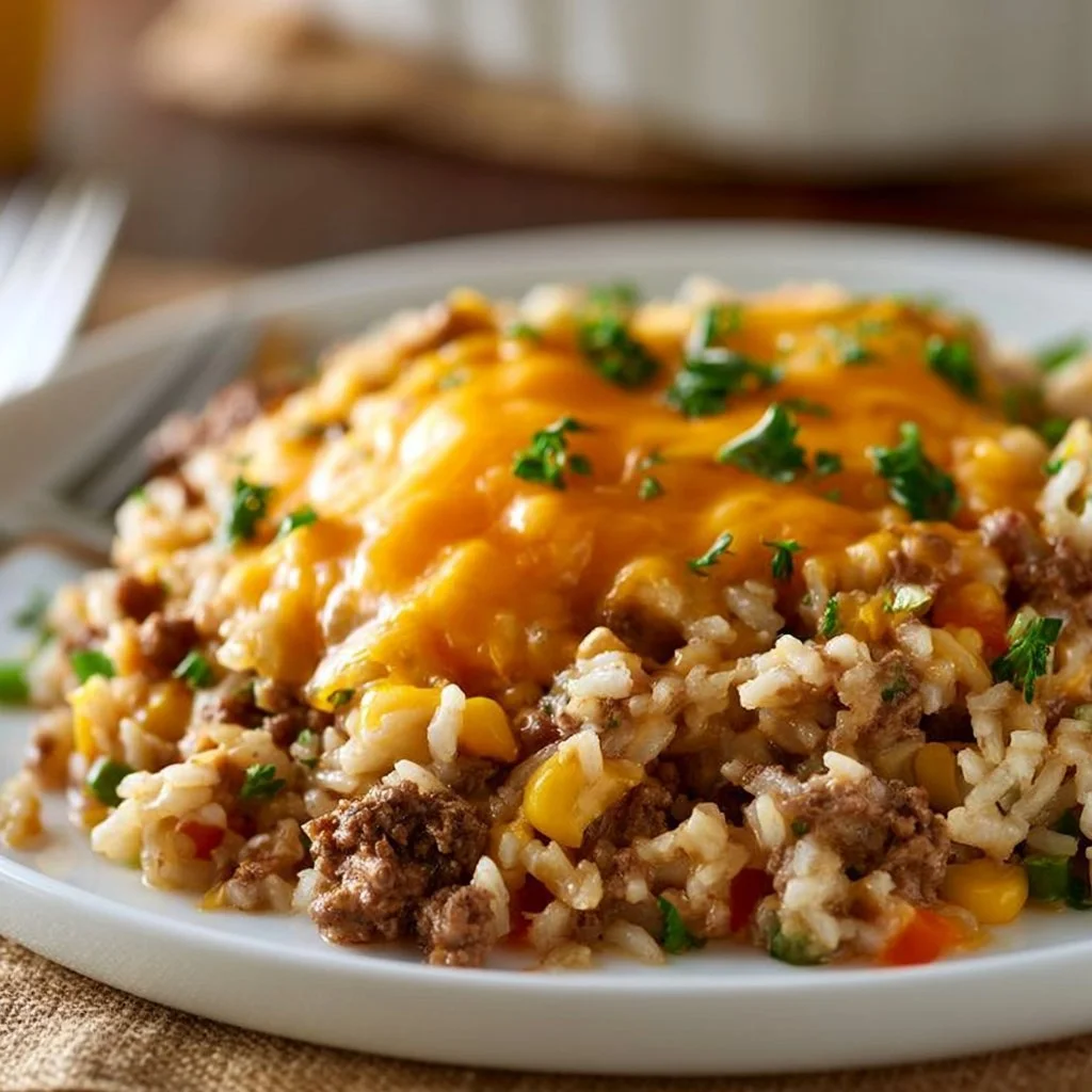 Cheesy ground beef and rice casserole in a baking dish, ready to serve