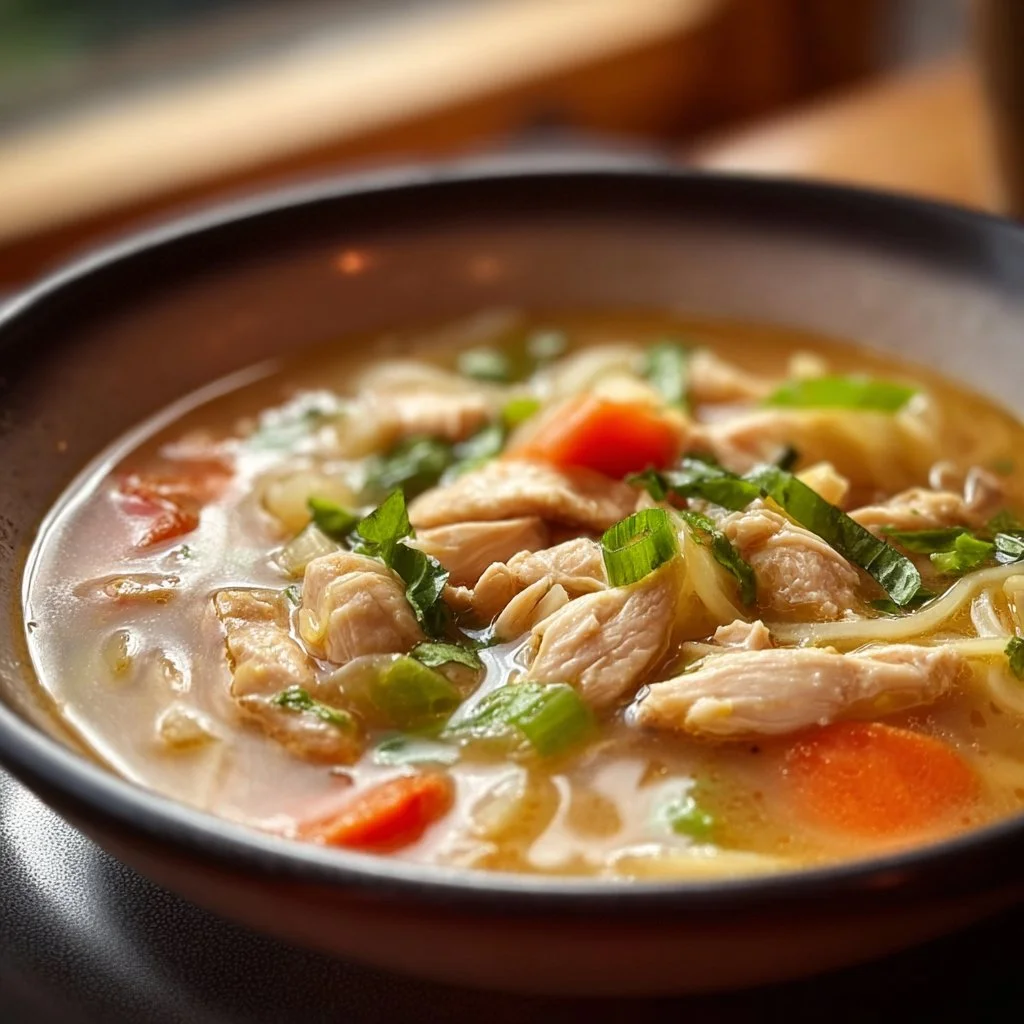 A bowl of homemade chicken soup with vegetables and herbs