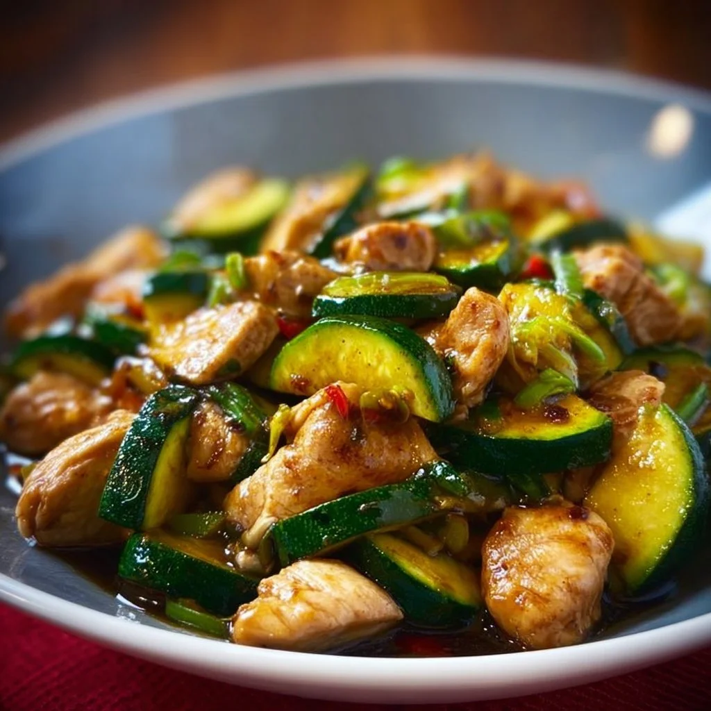 Delicious Chicken Zucchini Stir Fry in a colorful bowl