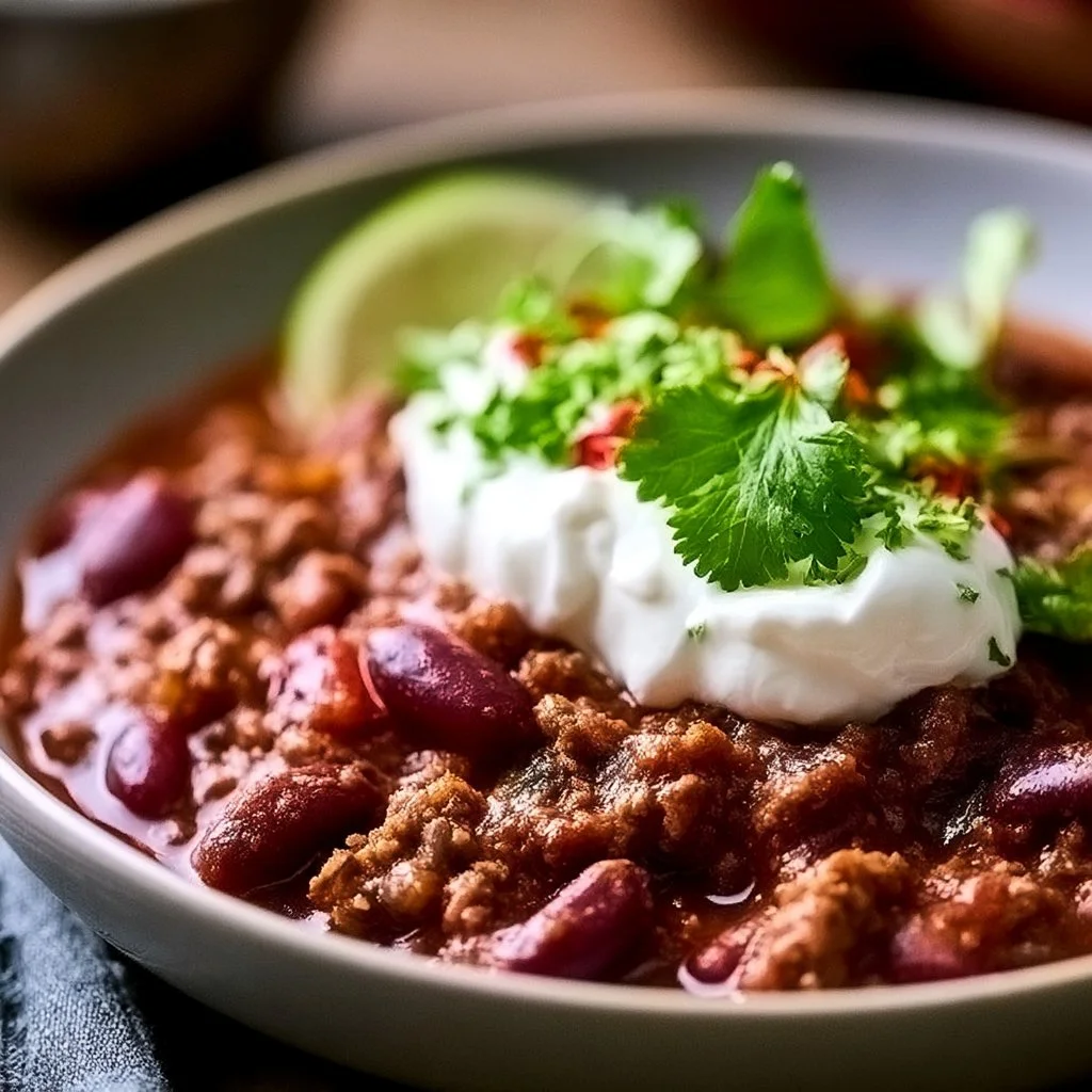 Delicious chili with meat served in a bowl, garnished with fresh herbs
