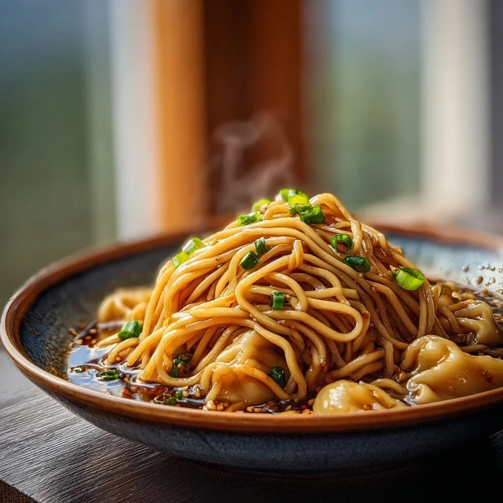 Delicious Chinese scallion oil noodles served in a bowl with green onions.