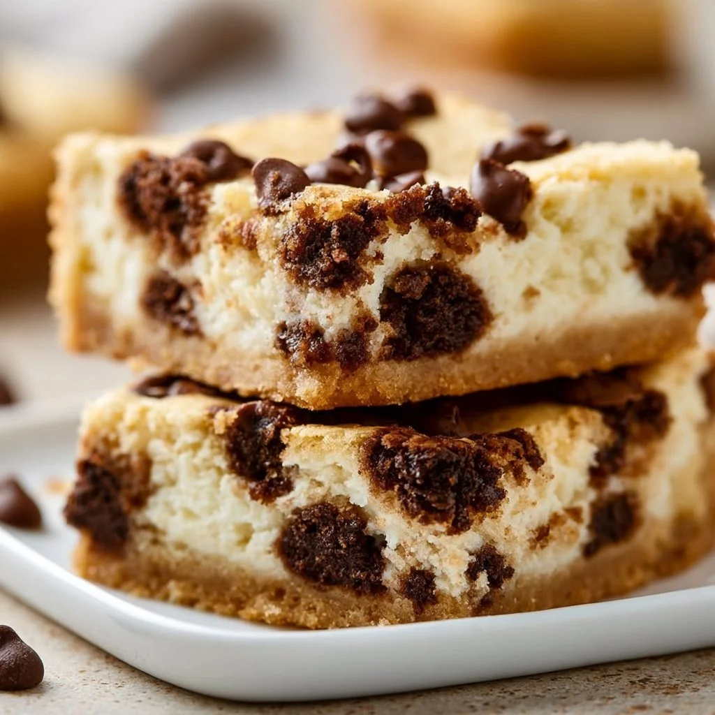 Delicious chocolate chip cheesecake bars on a plate