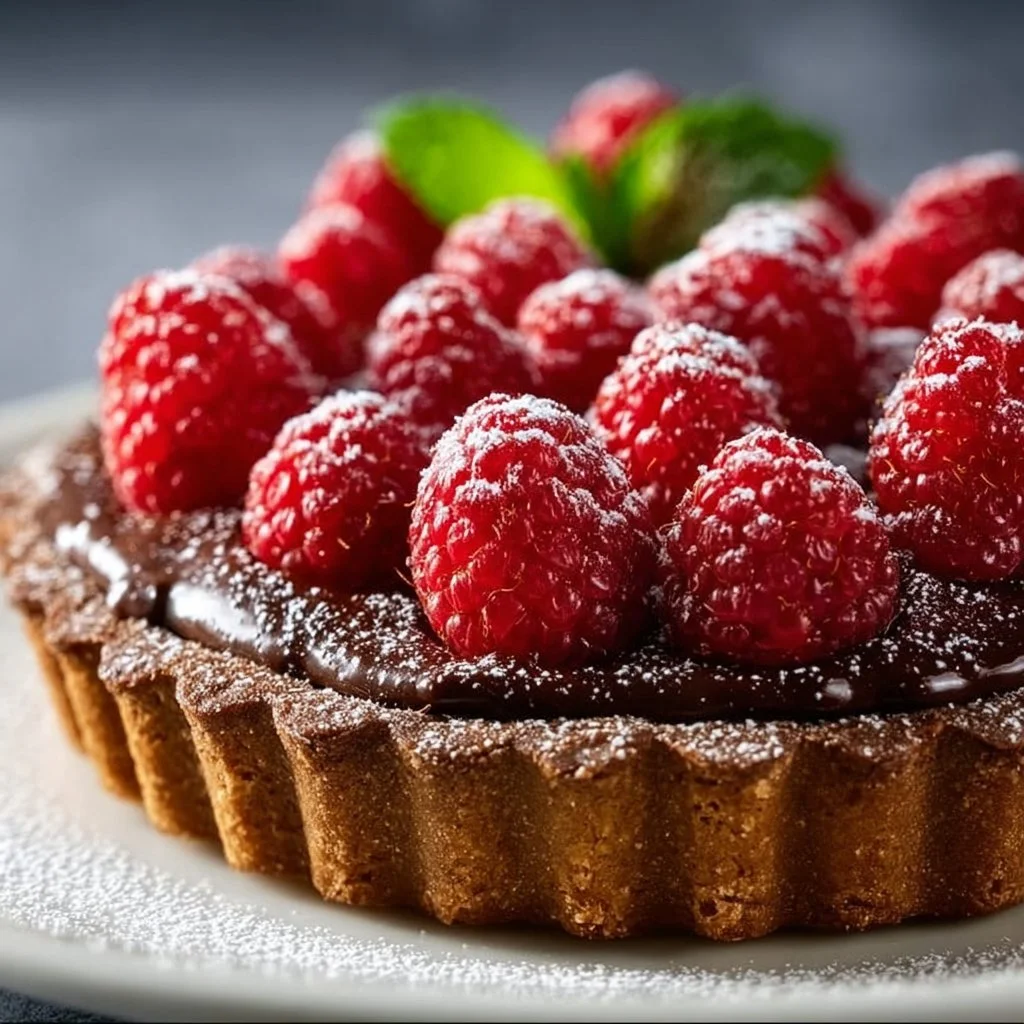 Delicious Chocolate Raspberry Tart with fresh raspberries and decadent chocolate layer