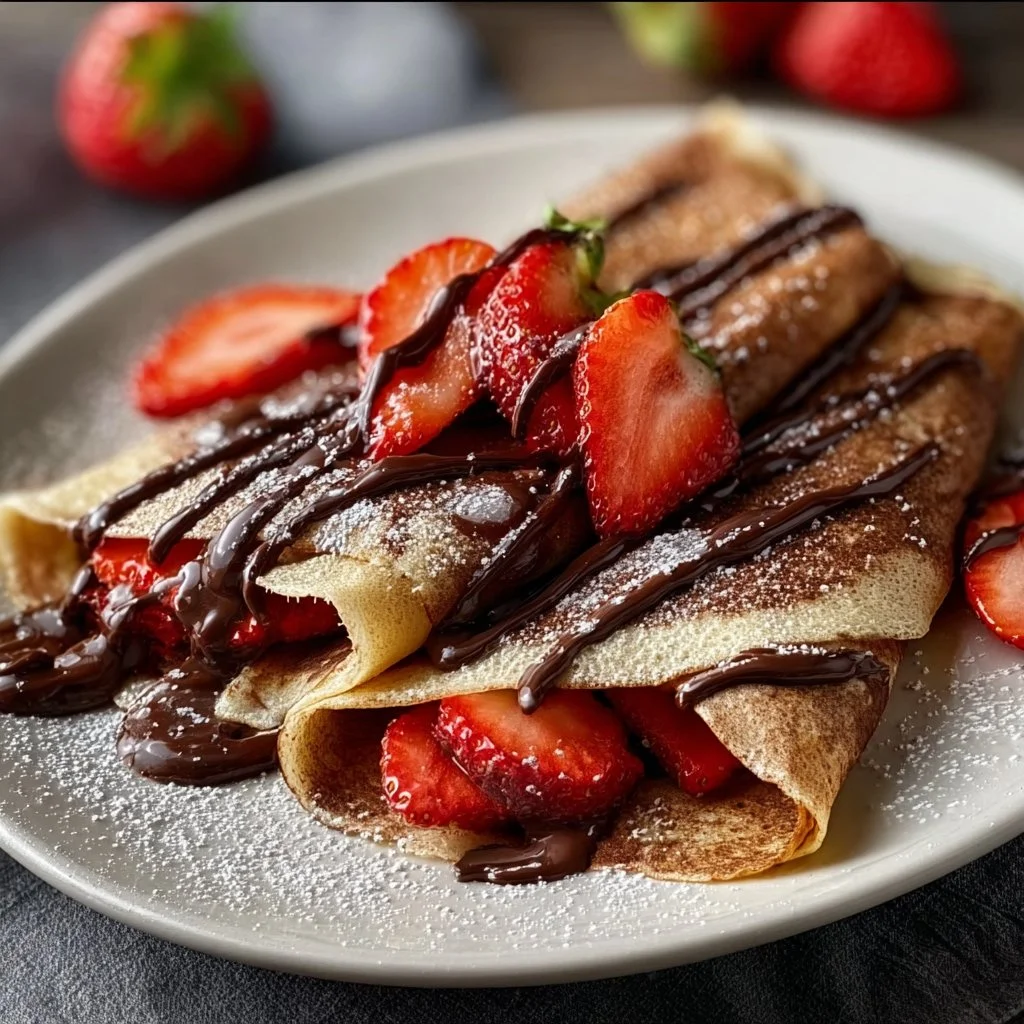 Delicious chocolate strawberry crepes topped with fresh strawberries and drizzled chocolate