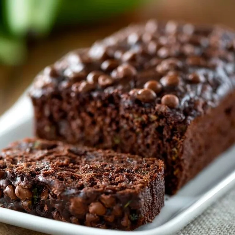 Delicious Chocolate Zucchini Banana Bread slice on a wooden board with chocolate chips.