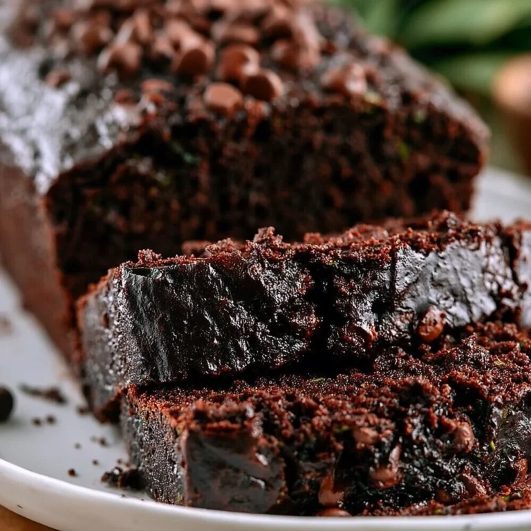 Slice of moist chocolate zucchini bread on a wooden table