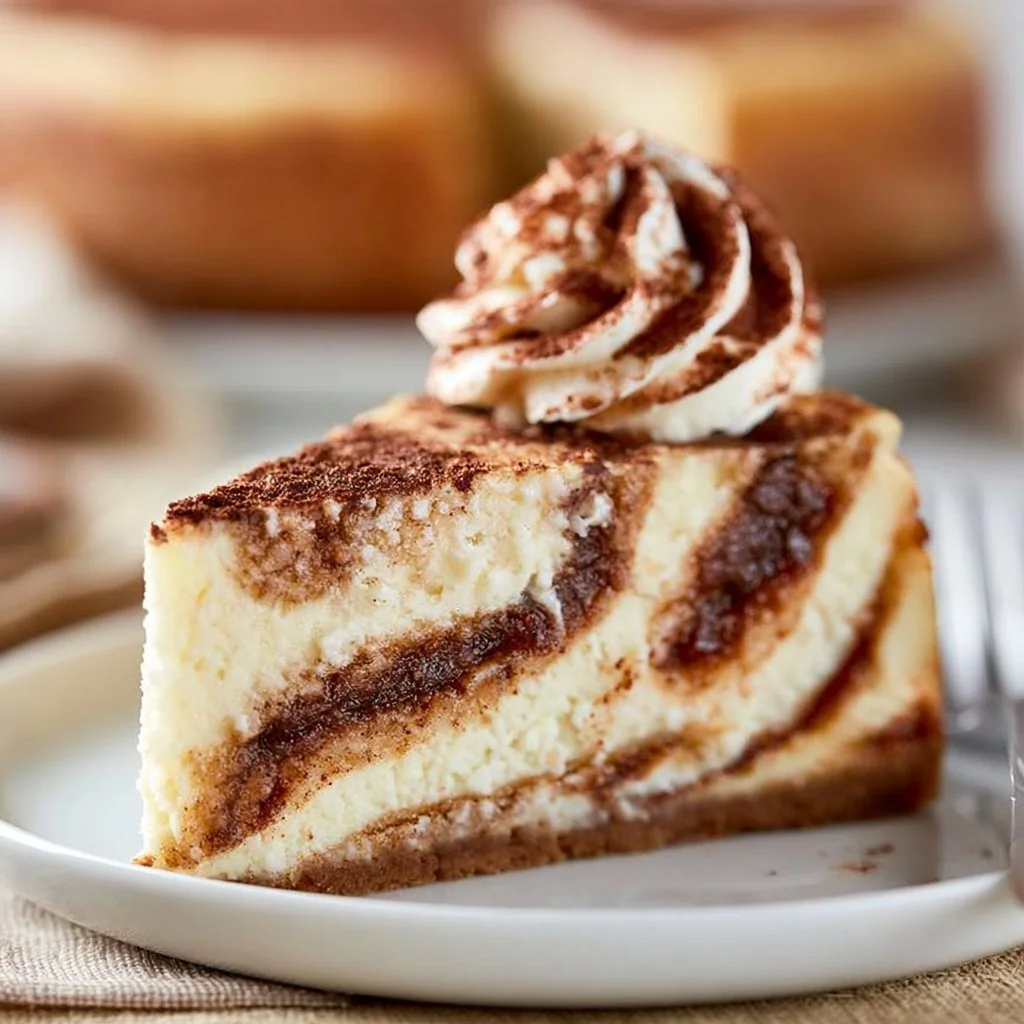 A slice of cinnamon roll cheesecake topped with caramel and cinnamon swirl