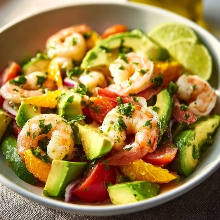 Citrus Shrimp Salad with Avocado displayed on a plate, garnished with fresh herbs.