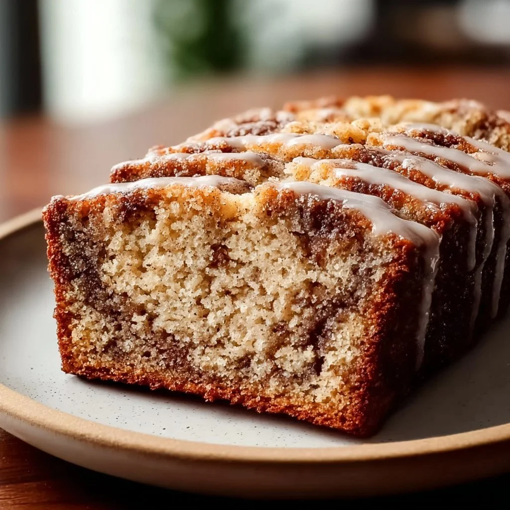 Sliced classic coffee cake banana bread on a wooden table