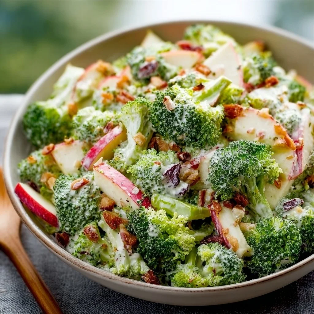 Creamy broccoli apple salad with crunchy vegetables and sweet apples